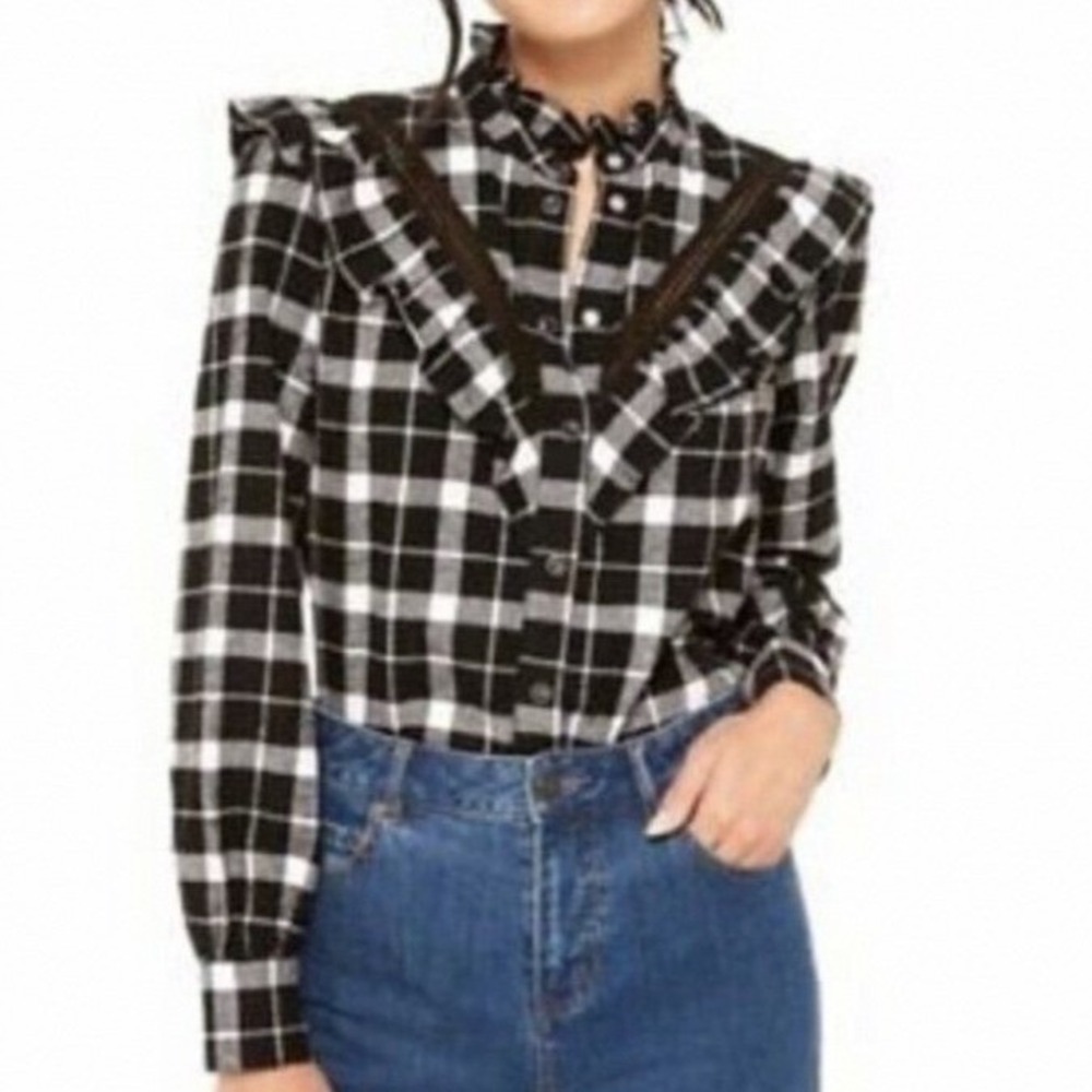 Kate Spade Live Colorfully Black Plaid Ruffle Lace Trim Shirt Women L Snap Front